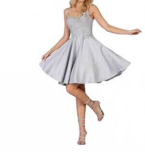 NEW MAY QUEEN COUTURE beaded lace v-neck a-line party mini dress in silver